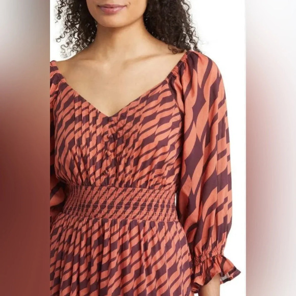 DU PARADIS Maroon and rust striped deep V maxi dress size L - Picture 1 of 16